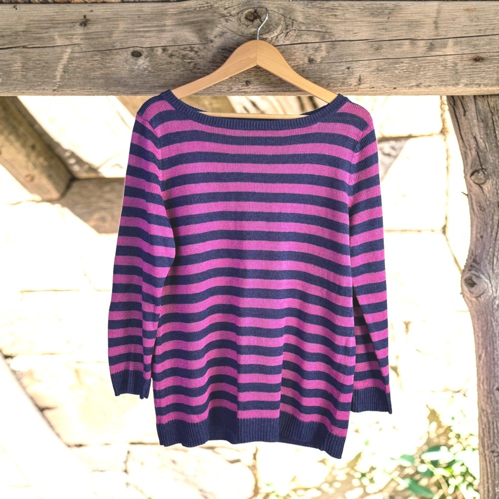 100% Linen Talbots Sweater L Navy Pink‎ Striped Boat Neck Preppy Nautical